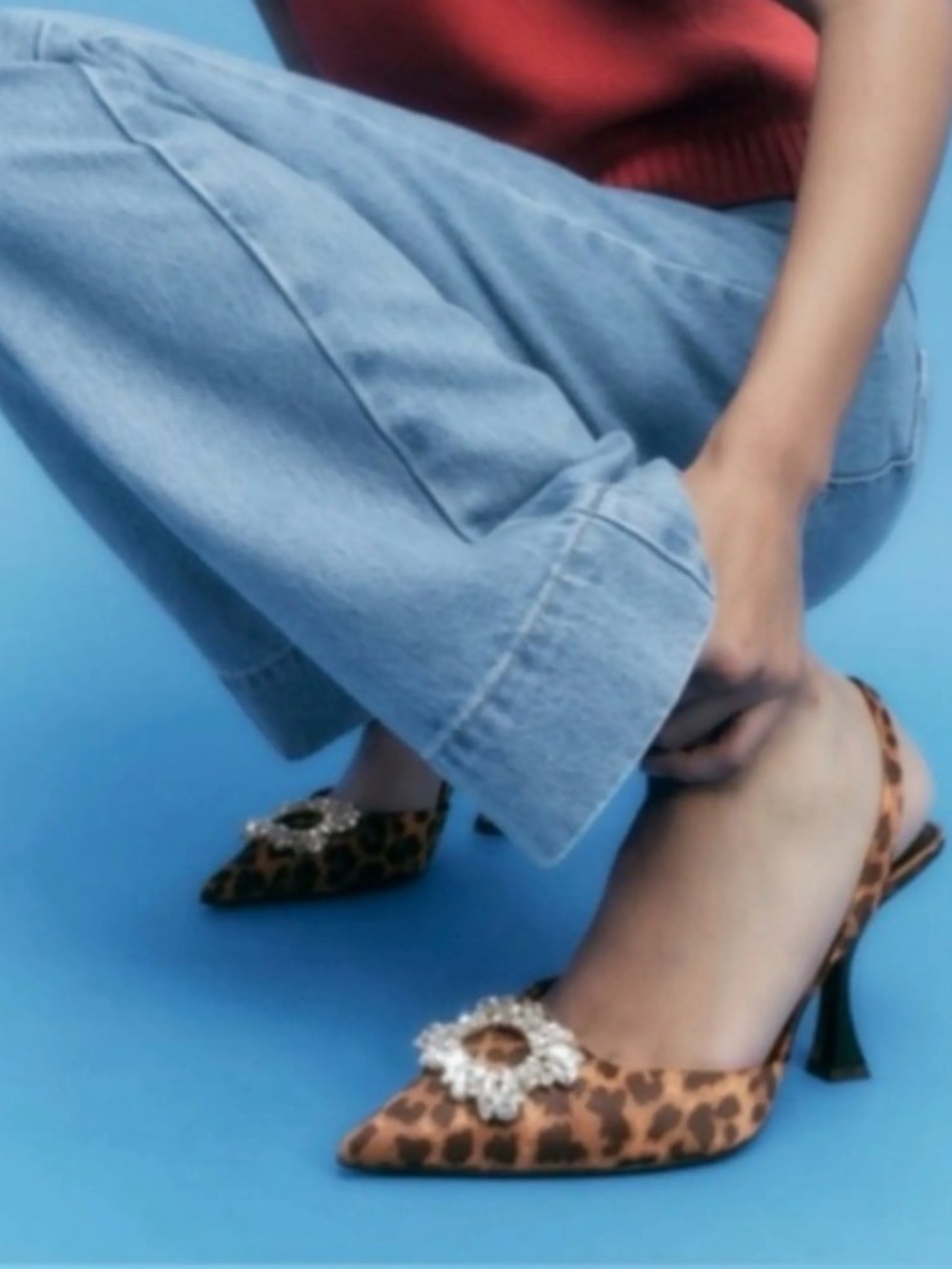 Zara Leopard Print Slingback Heels with Crystal Buckle